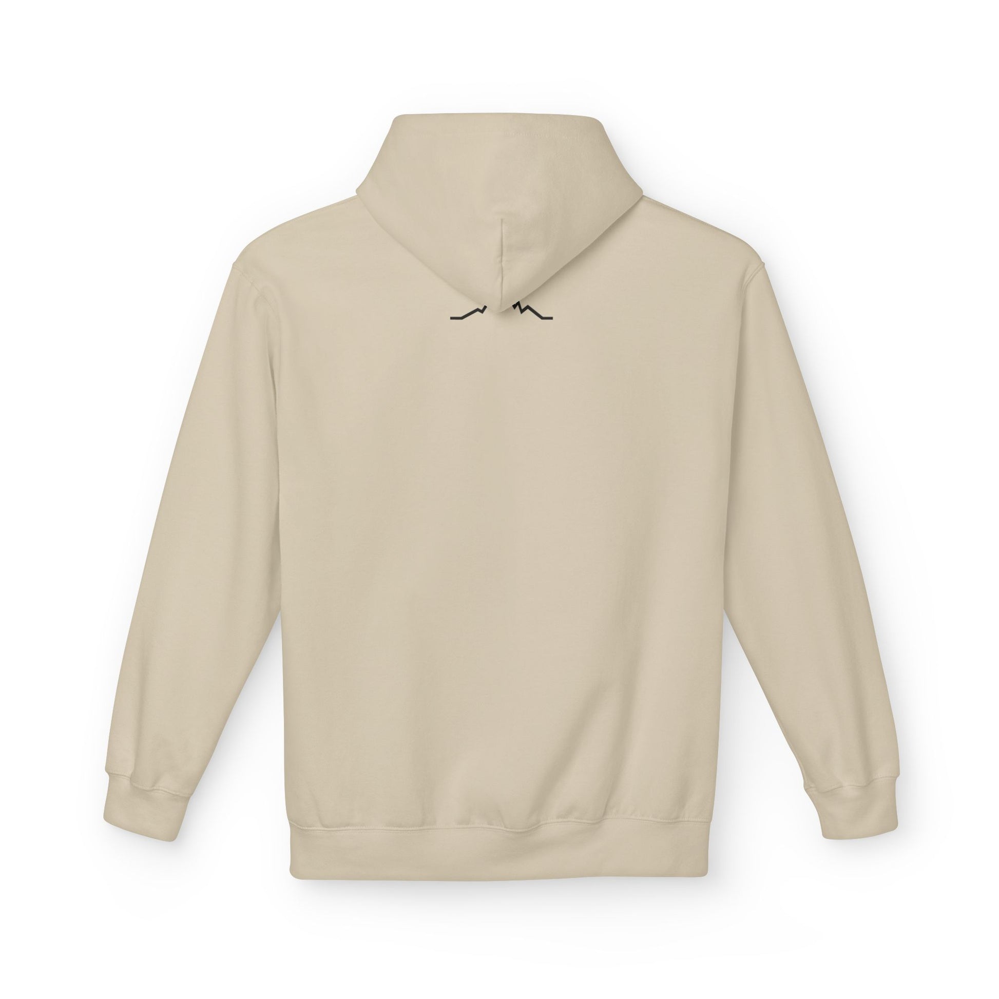 Back of beige hoodie with small mountain lines logo beneath hood