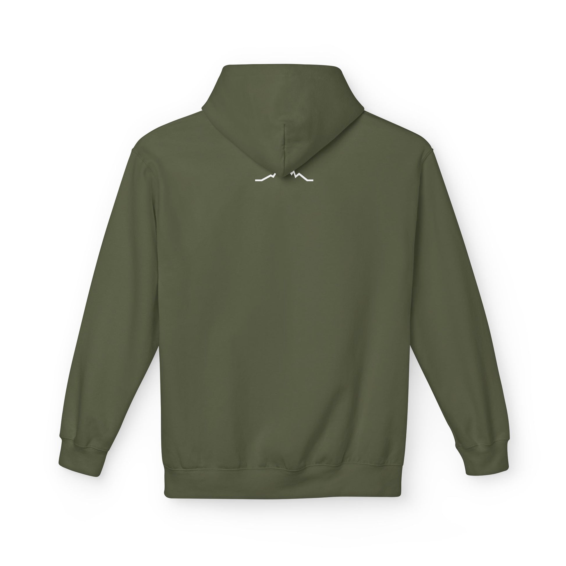 Back of olive green hoodie with small mountain lines logo near neckline