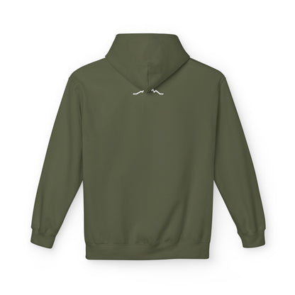 Back of olive green hoodie with small mountain lines logo near neckline