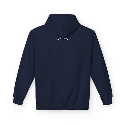 Back of navy hoodie with small mountain lines logo beneath hood