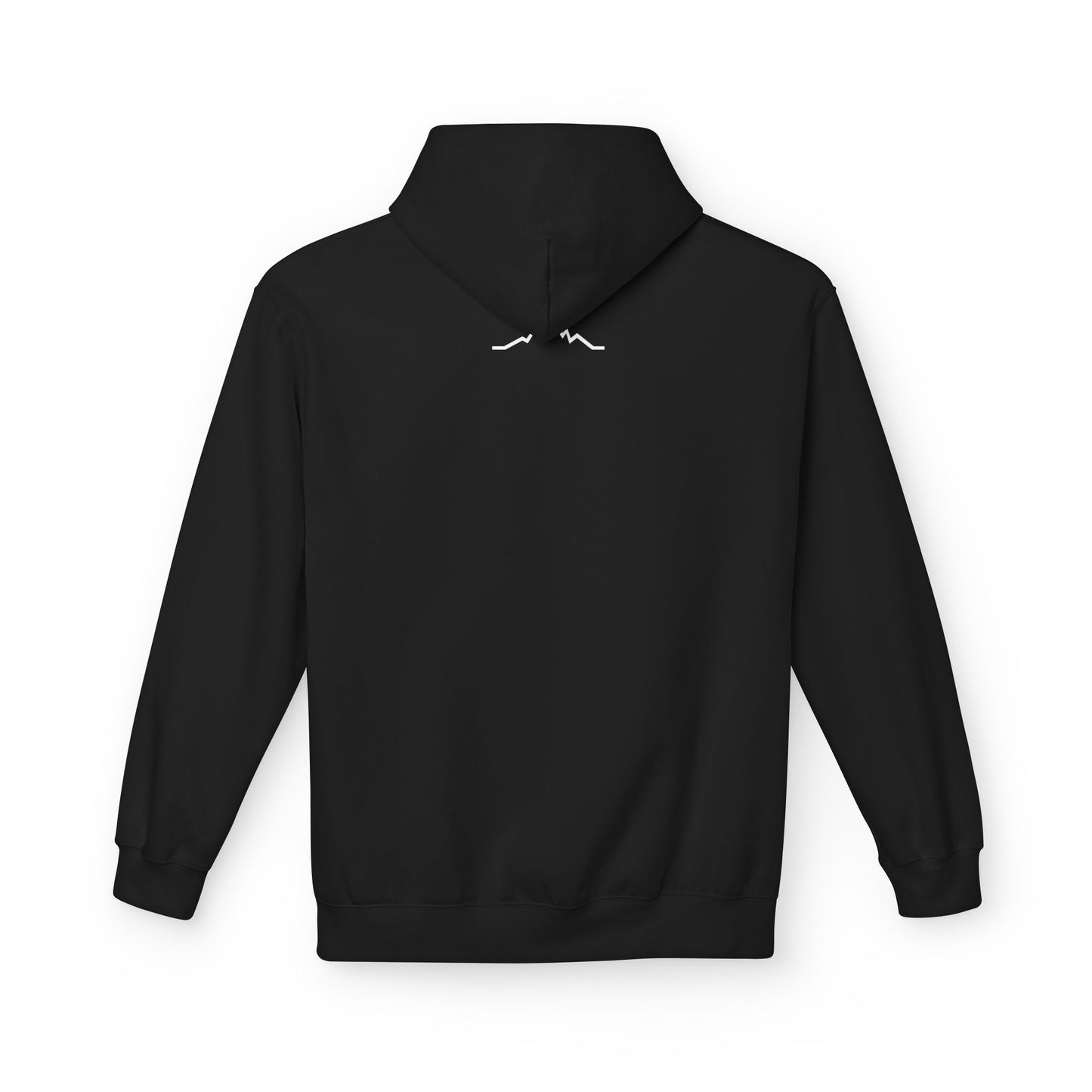 Back of black hoodie with small mountain lines logo beneath hood