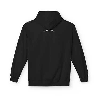 Back of black hoodie with small mountain lines logo beneath hood