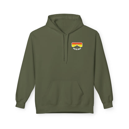Front of olive green hoodie with retro goggle chest logo