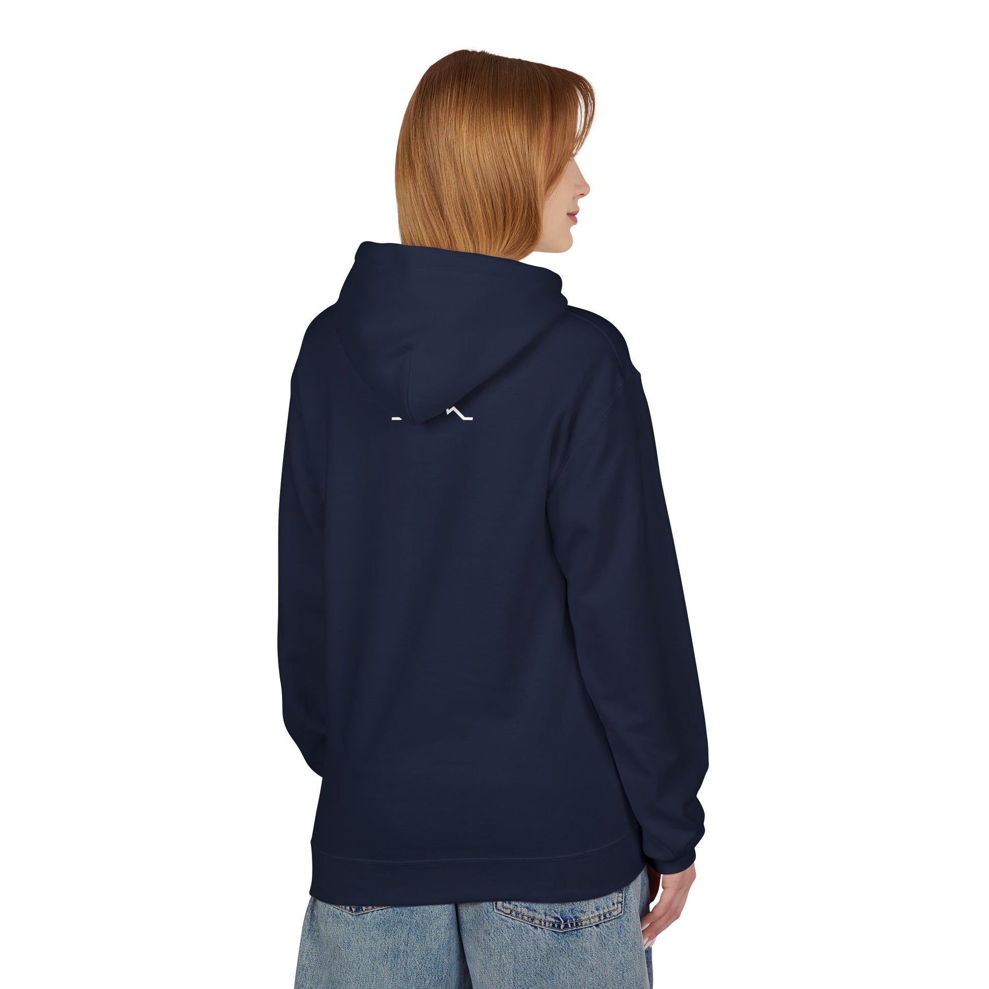 Model wearing navy hoodie, back view showing small mountain back logo