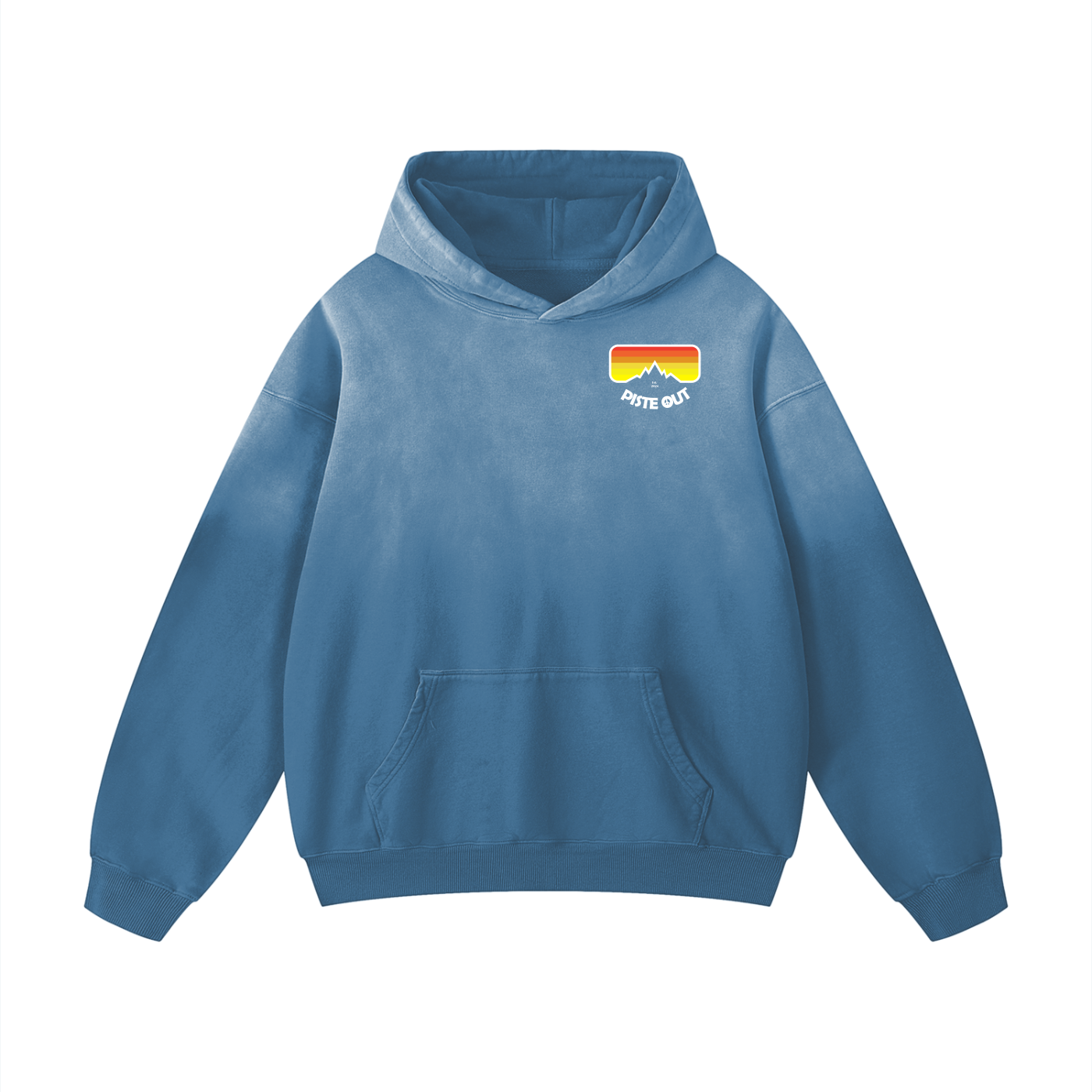 Front view of Blue Square Piste Manifesto Hoodie with retro Piste Out goggle logo and sun-faded bluebird tone.