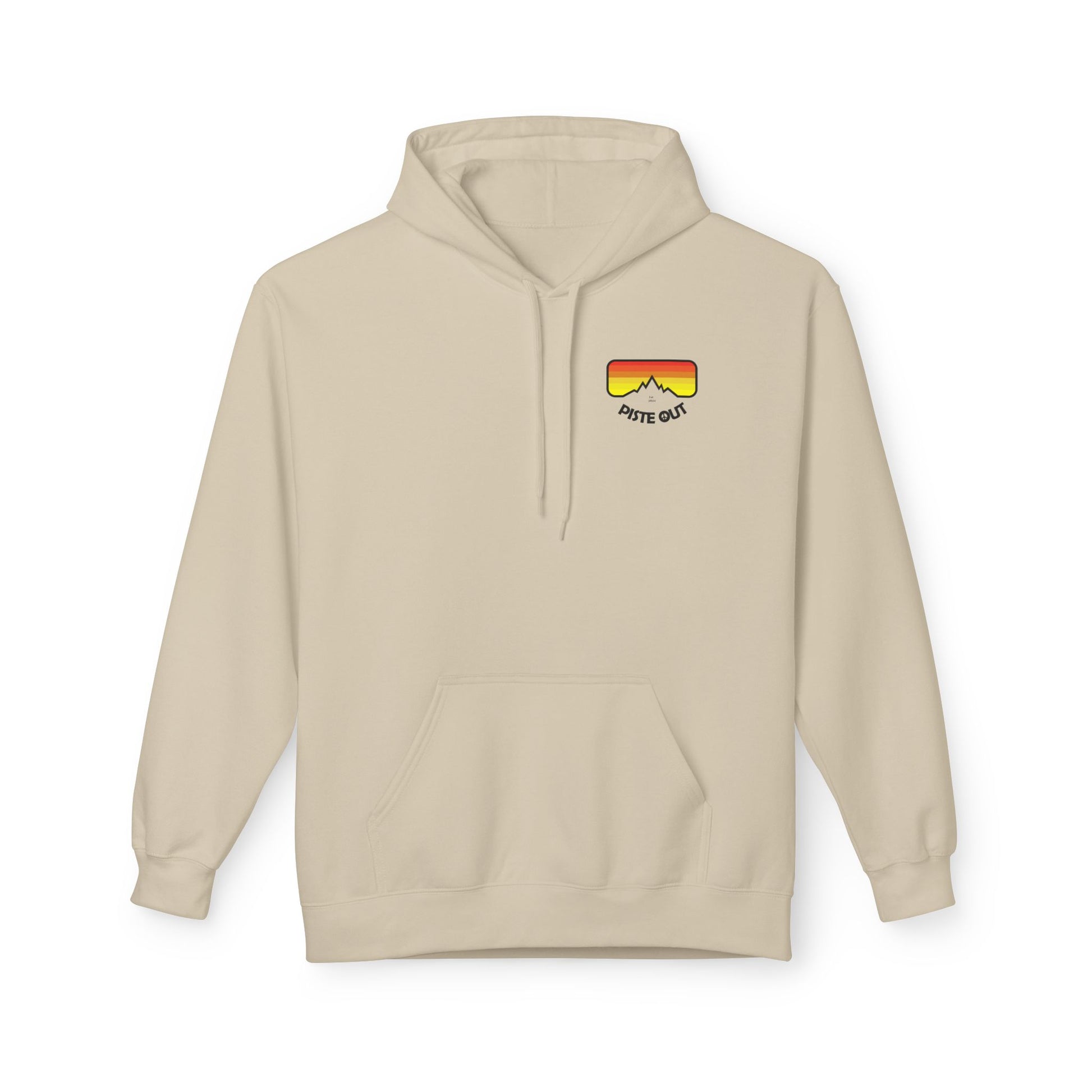 Front of cream hoodie with retro chest logo