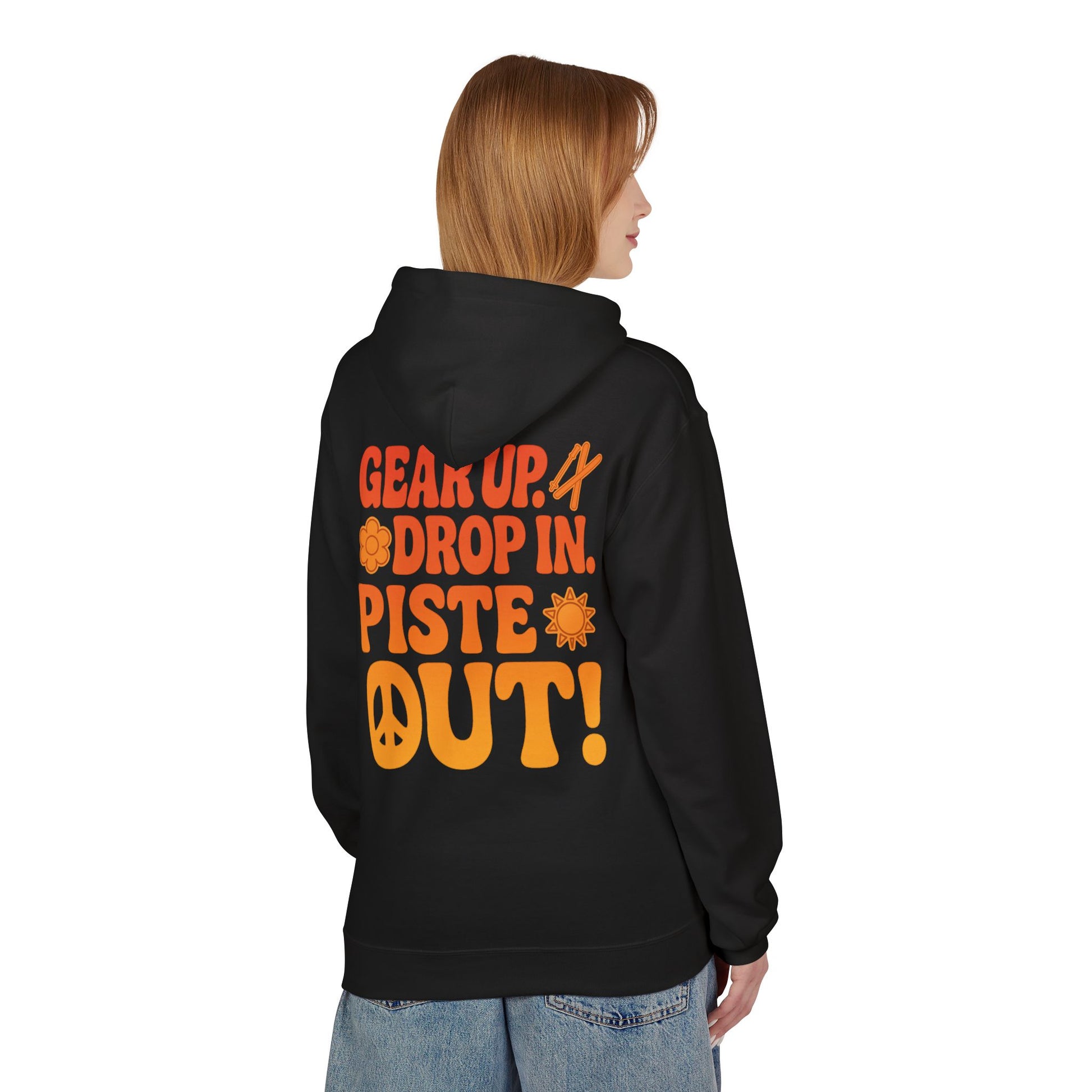 Model wearing black hoodie, back view with full slogan design