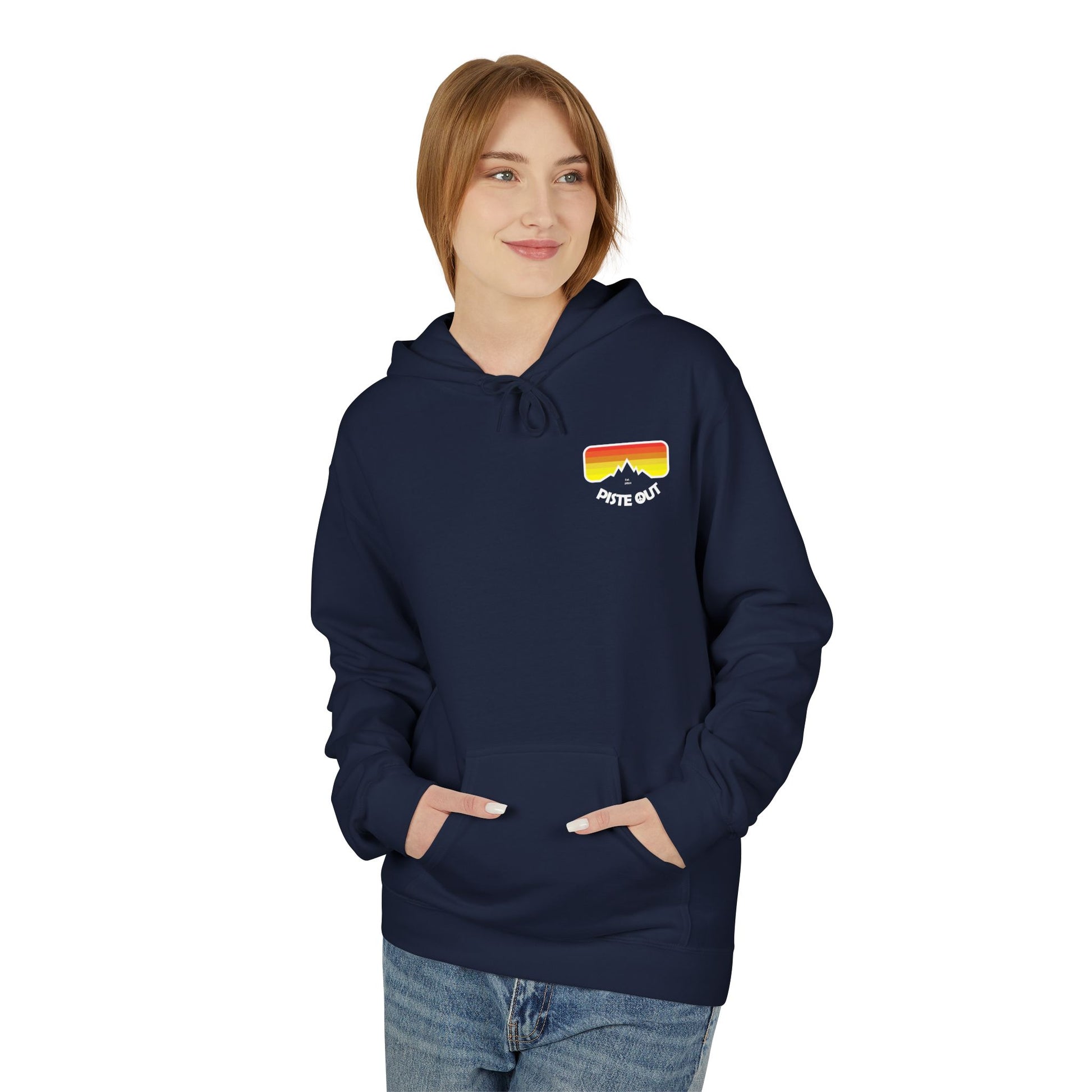 Model wearing navy hoodie, front view showing retro chest logo
