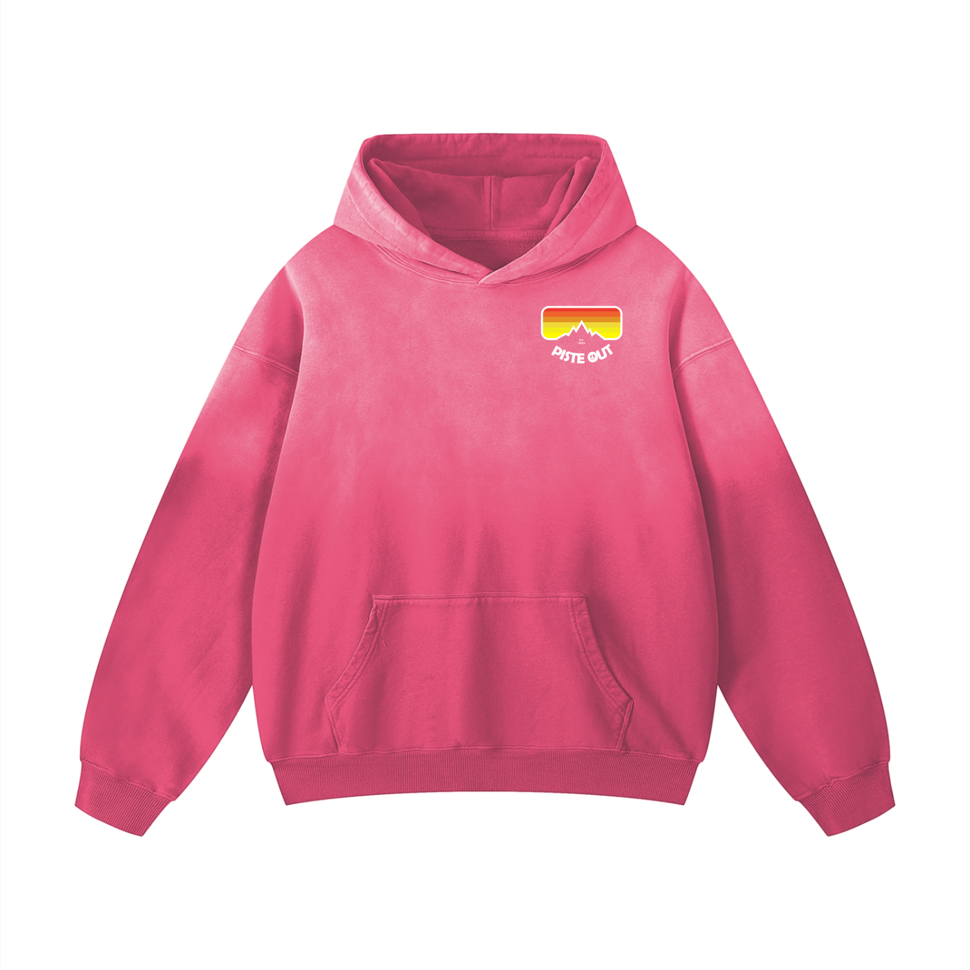 Front view of pink Piste Manifesto Hoodie with small retro goggle logo on chest and sun-faded wash.