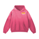 Front view of pink Piste Manifesto Hoodie with small retro goggle logo on chest and sun-faded wash.