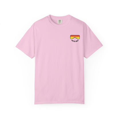 Front of pink tee with retro chest logo