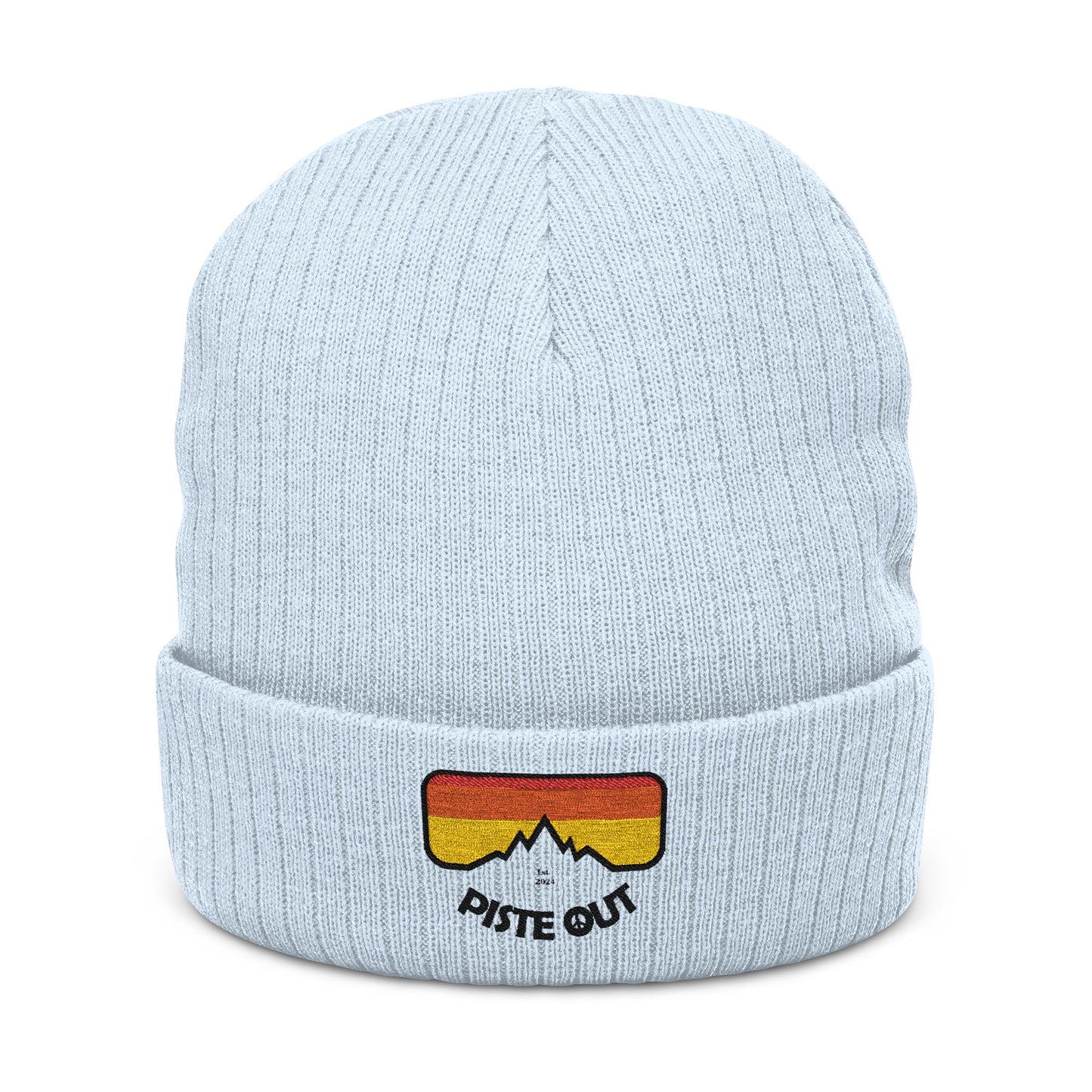 Front of baby blue ribbed beanie with embroidered retro goggle logo patch