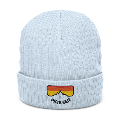Front of baby blue ribbed beanie with embroidered retro goggle logo patch