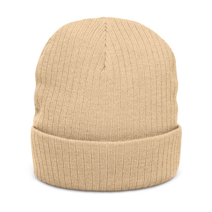 Back of beige ribbed beanie, no visible logo