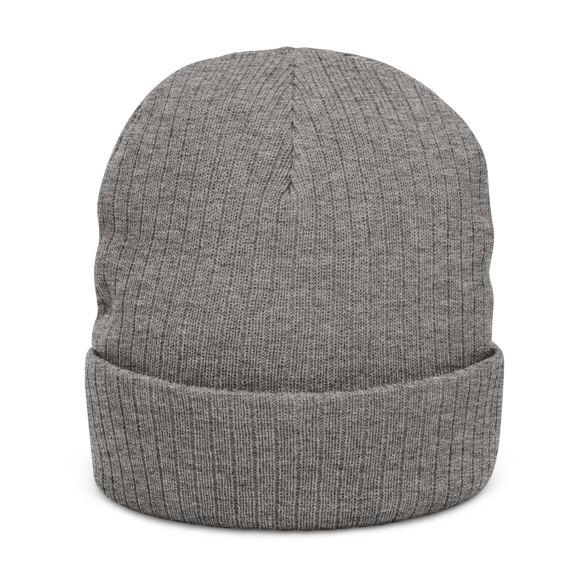 Back of heather gray ribbed beanie, no visible logo