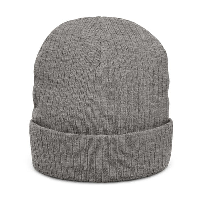 Back of heather gray ribbed beanie, no visible logo