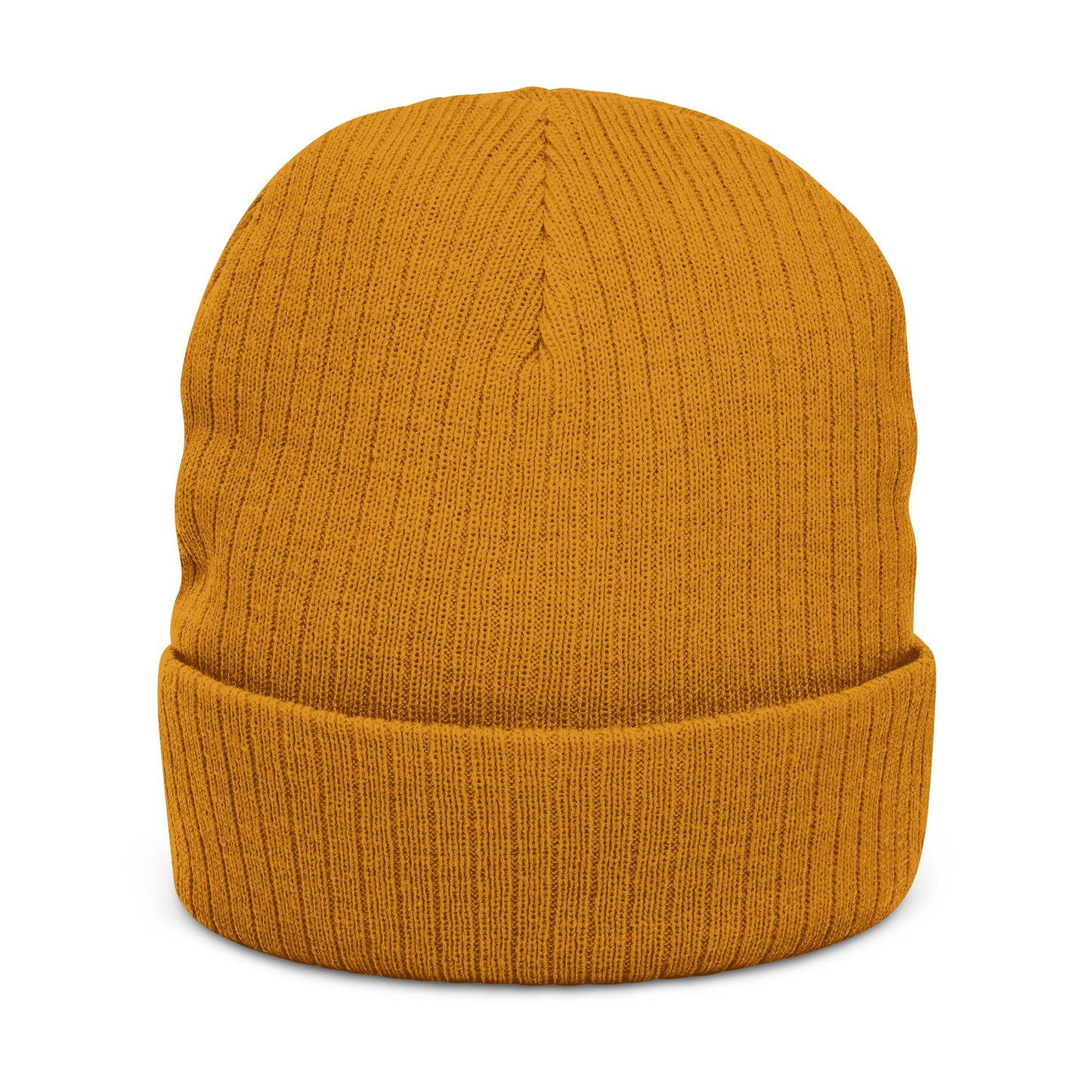 Back of rust orange ribbed beanie, no visible logo