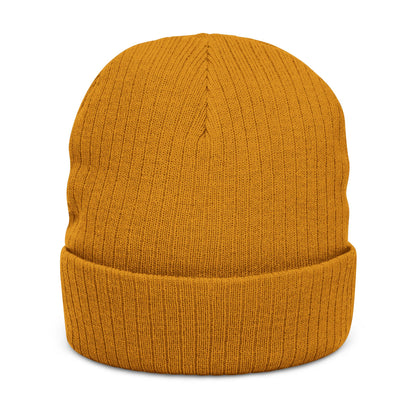 Back of rust orange ribbed beanie, no visible logo
