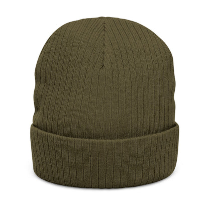 Back of olive green ribbed beanie, no visible logo