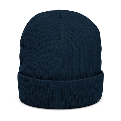 Back of navy blue ribbed beanie, no visible logo