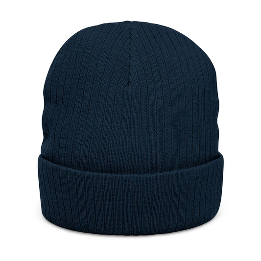 Back of navy blue ribbed beanie, no visible logo