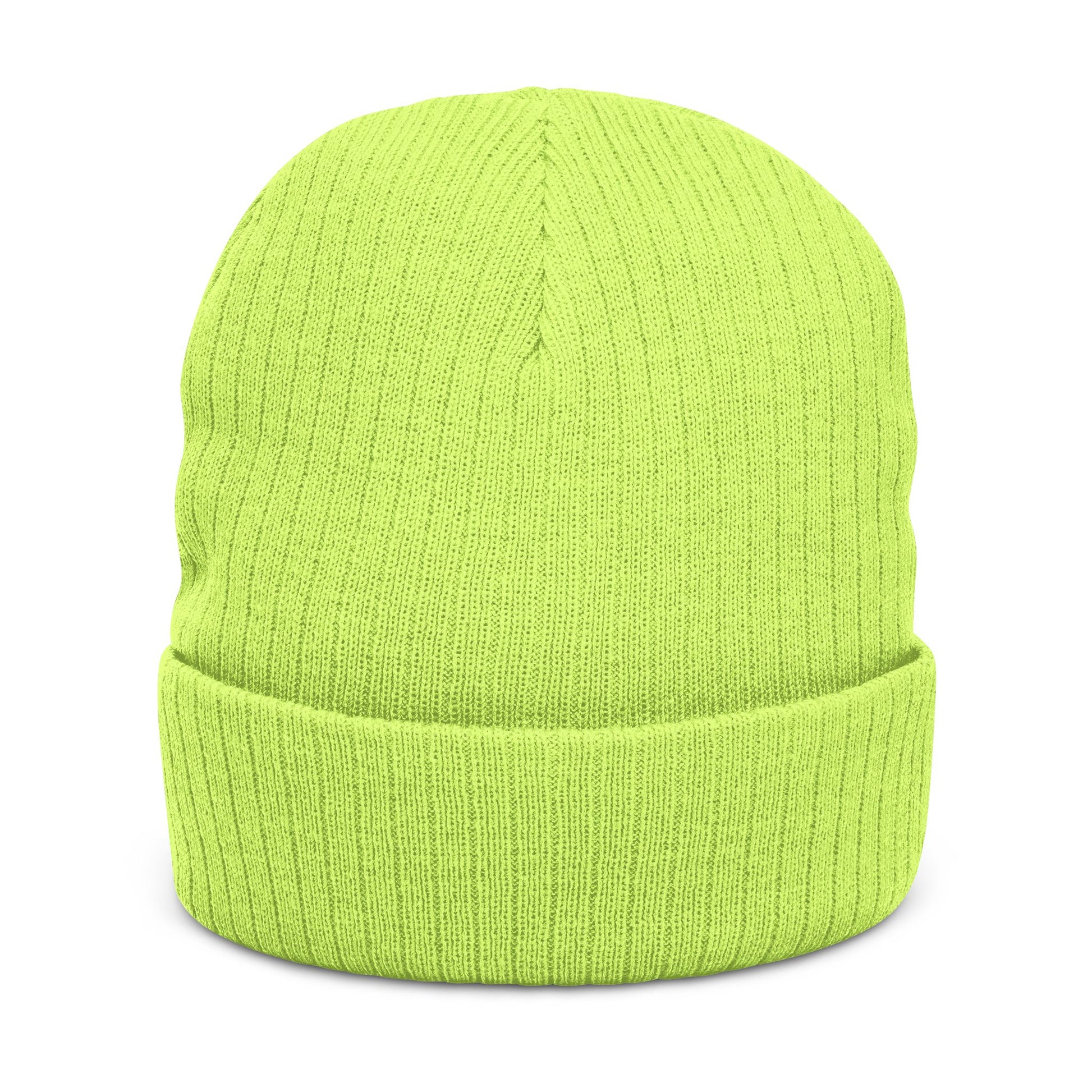 Back of neon green ribbed beanie, no visible logo