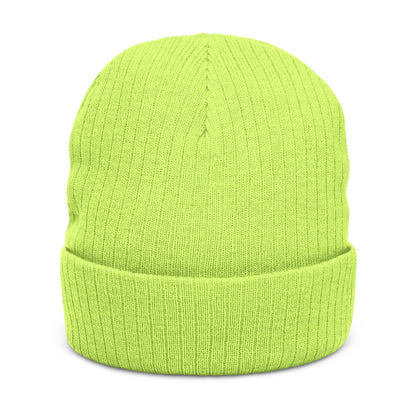 Back of neon green ribbed beanie, no visible logo