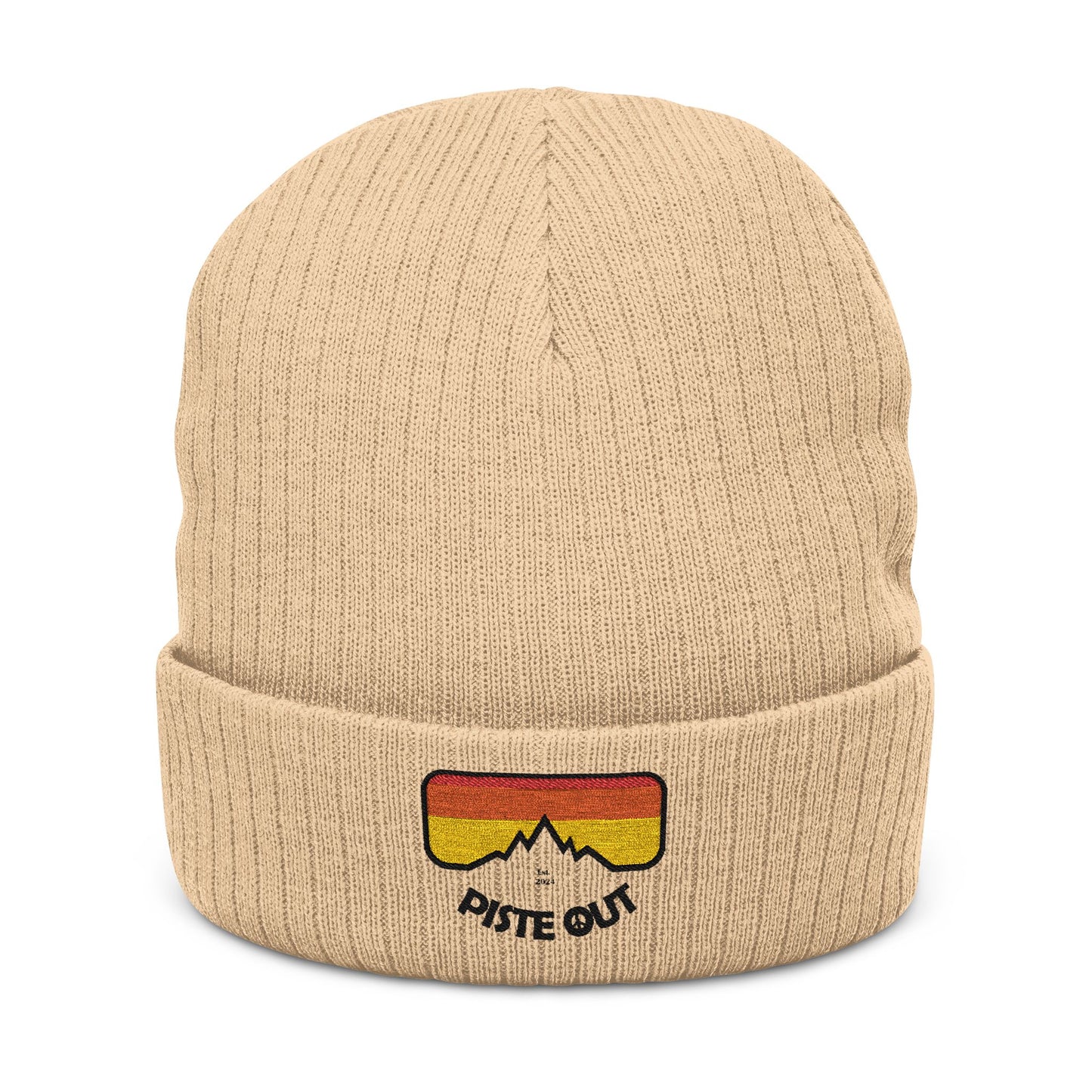 Front of beige ribbed beanie with embroidered retro goggle logo patch