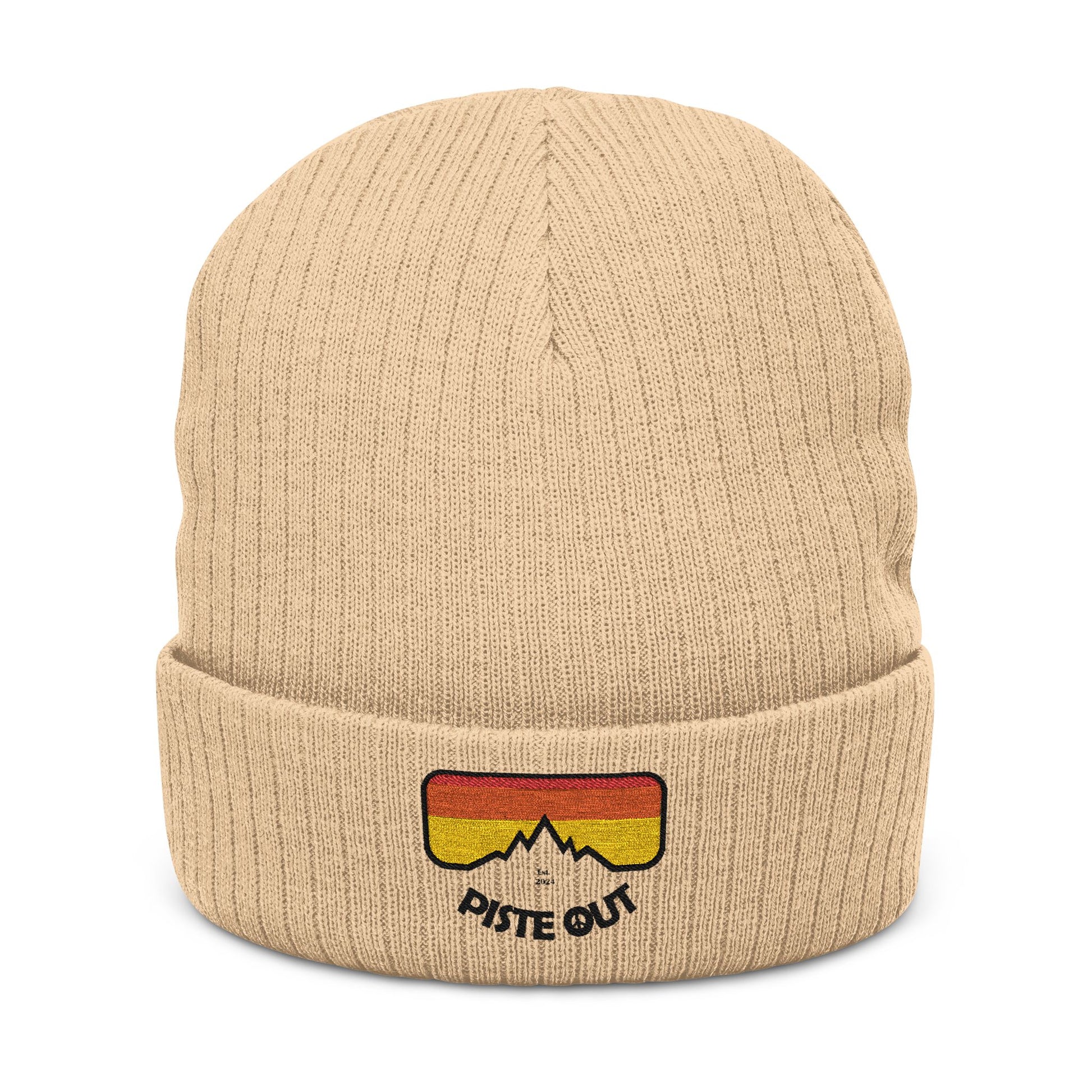 Front of beige ribbed beanie with embroidered retro goggle logo patch