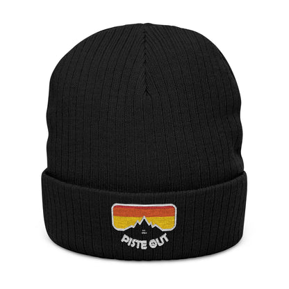 Front of black ribbed beanie with embroidered retro goggle logo patch