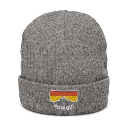 Front of heather gray ribbed beanie with embroidered retro goggle patch
