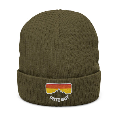 Front of olive green ribbed beanie with embroidered goggle logo patch