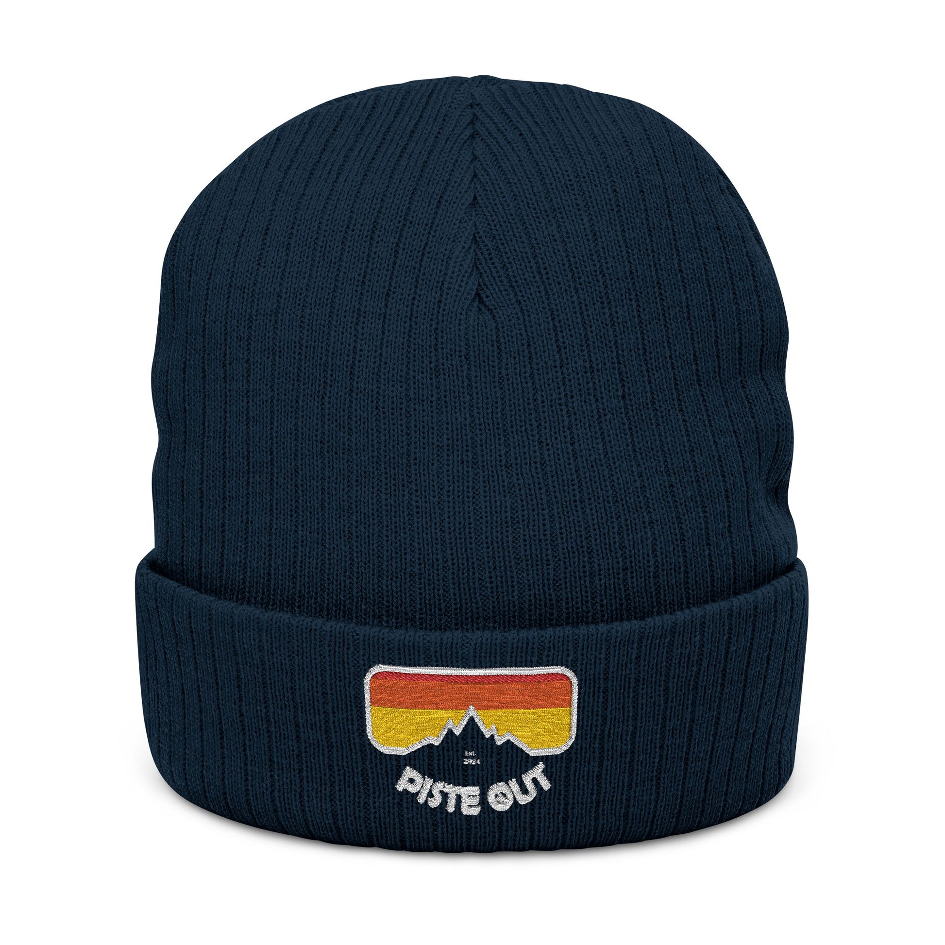 Front of navy blue ribbed beanie with embroidered retro goggle logo patch