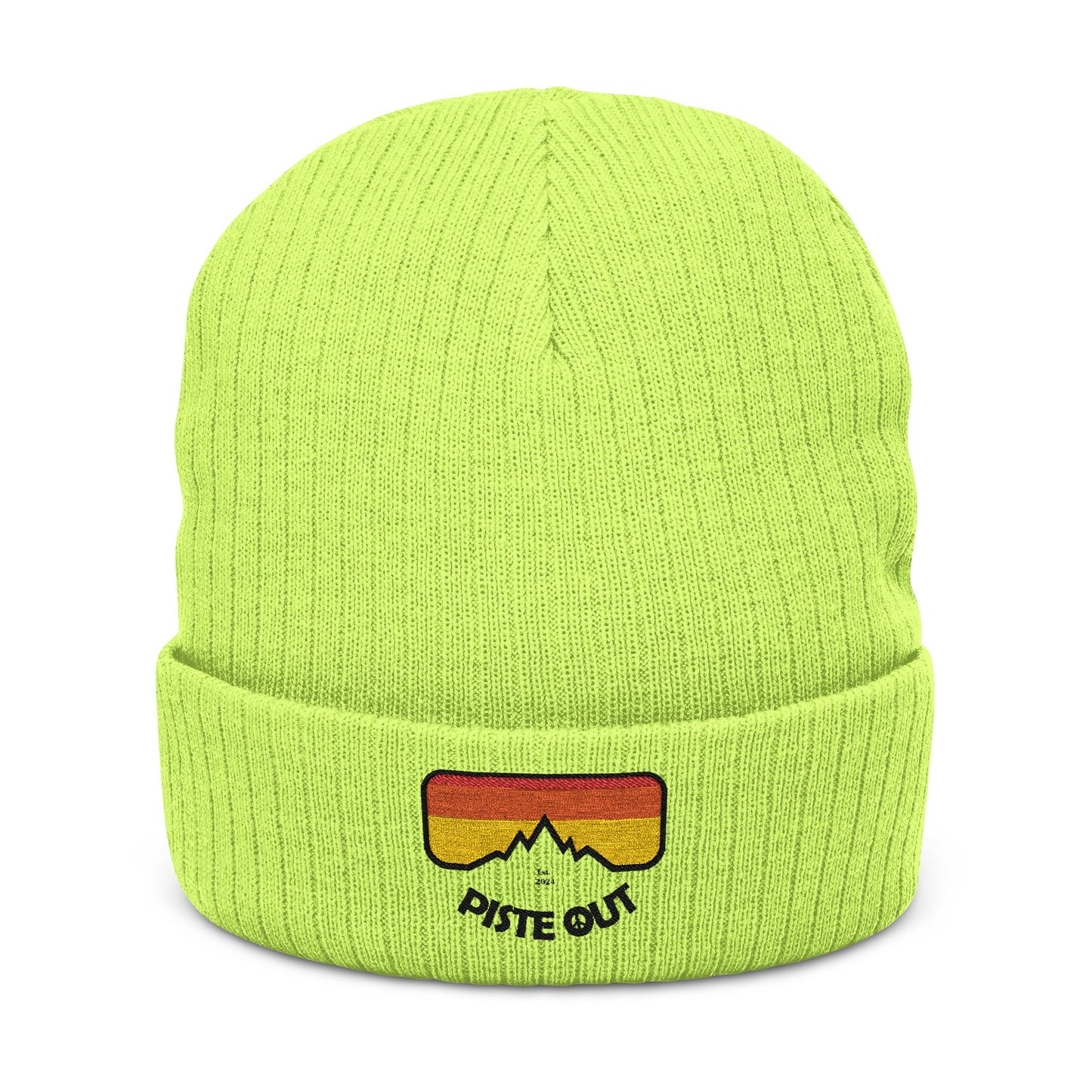 Front of neon green ribbed beanie with embroidered retro goggle patch