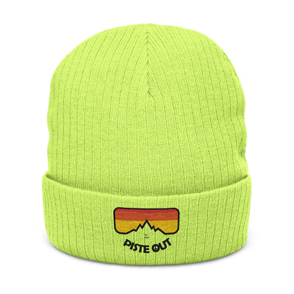 Front of neon green ribbed beanie with embroidered retro goggle patch