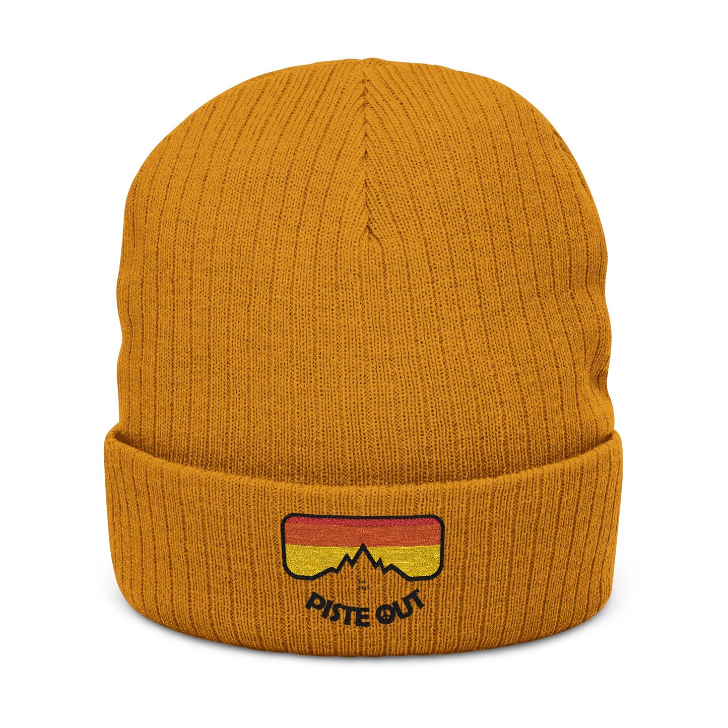 Front of rust orange ribbed beanie with embroidered goggle logo patch