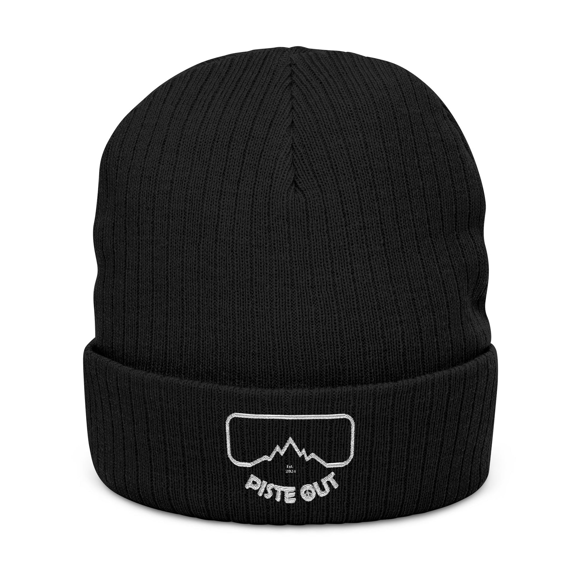 Front view of the Black Diamond cuffed knit beanie featuring the white Piste Out goggle and mountain logo patch on the cuff.