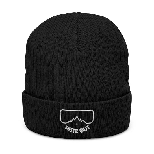 Front view of the Black Diamond cuffed knit beanie featuring the white Piste Out goggle and mountain logo patch on the cuff.