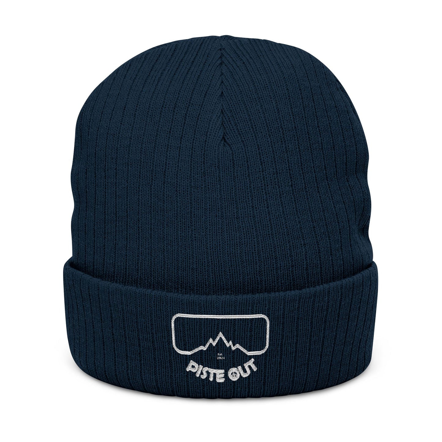 Front view of the Blue Square cuffed knit beanie showing the white Piste Out goggle and mountain logo patch on the cuff.