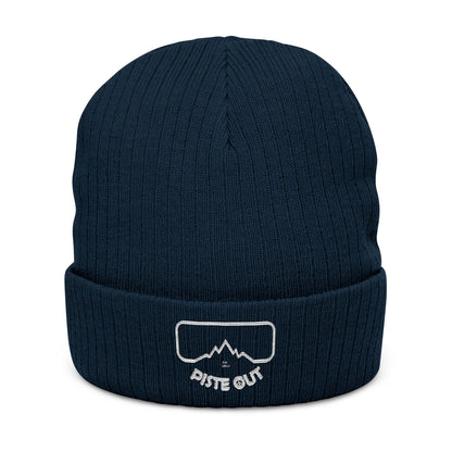 Front view of the Blue Square cuffed knit beanie showing the white Piste Out goggle and mountain logo patch on the cuff.