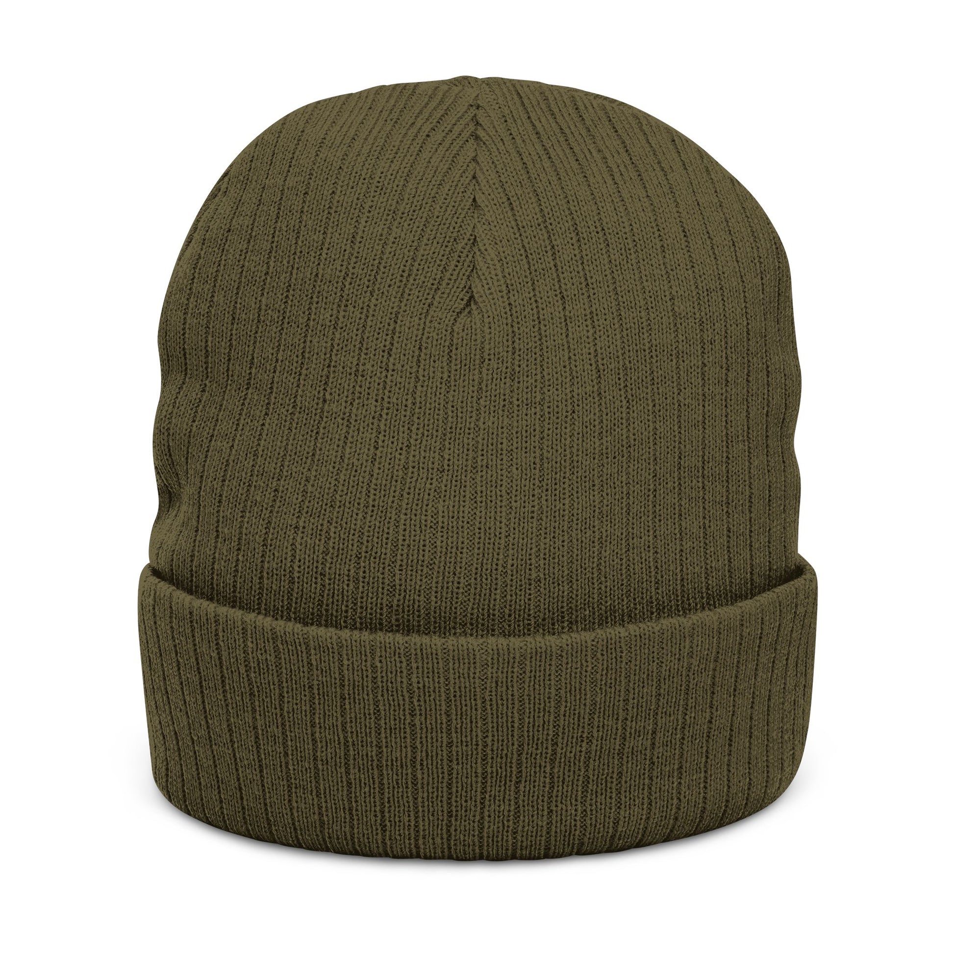 Back view of the Olive cuffed knit beanie highlighting the ribbed knit texture and clean cuffed silhouette.