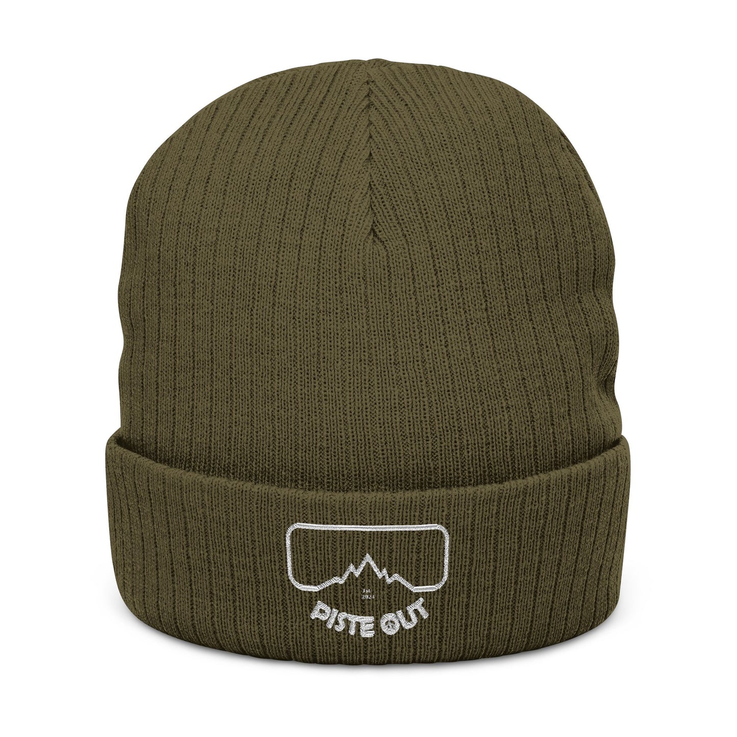Front view of the Olive cuffed knit beanie with the white Piste Out goggle and mountain logo patch centered on the cuff.