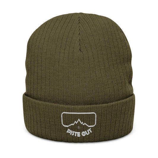 Front view of the Olive cuffed knit beanie with the white Piste Out goggle and mountain logo patch centered on the cuff.