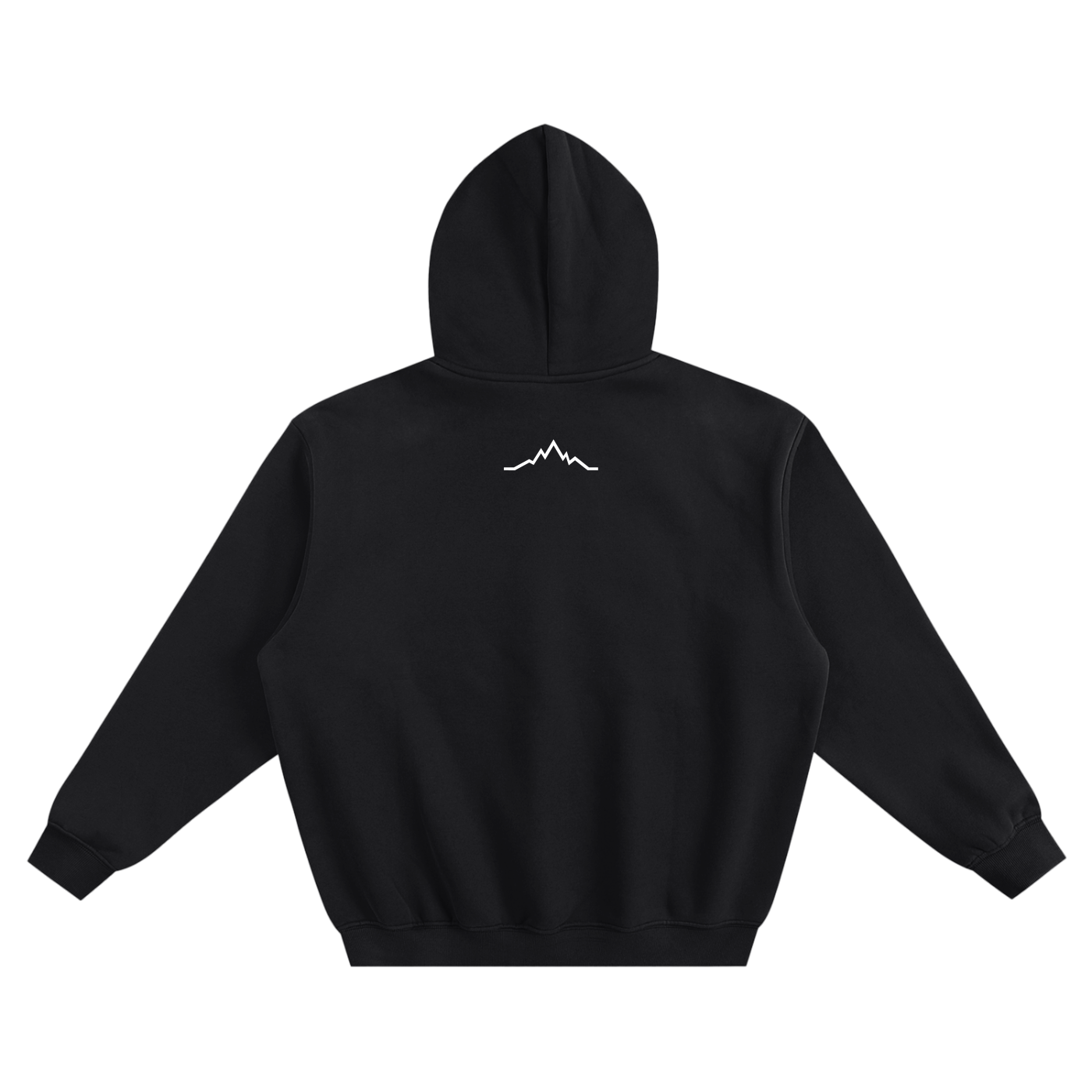 Back view of Black Diamond Piste Out Logo Hoodie with small white mountain line logo centered beneath the hood.