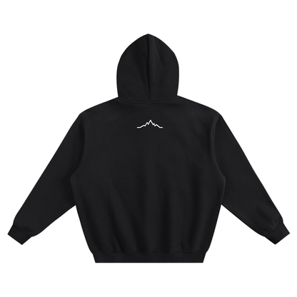Back view of Black Diamond Piste Out Logo Hoodie with small white mountain line logo centered beneath the hood.