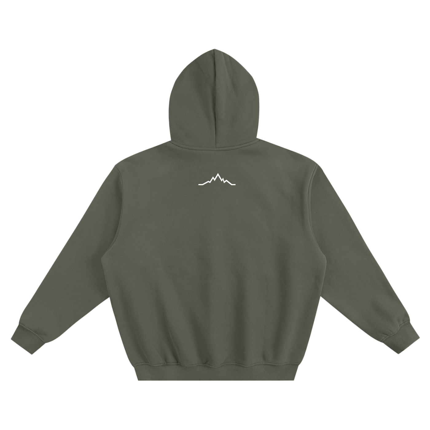 Back view of Dark Gray Piste Out Logo Hoodie with small white mountain line logo centered beneath the hood.