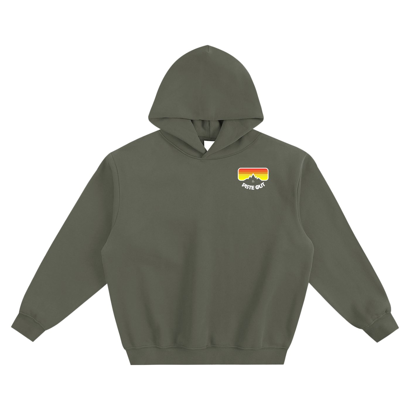 Front view of Dark Gray Piste Out Logo Hoodie with retro ski goggle graphic (red–orange–yellow gradient) and white mountain silhouette.