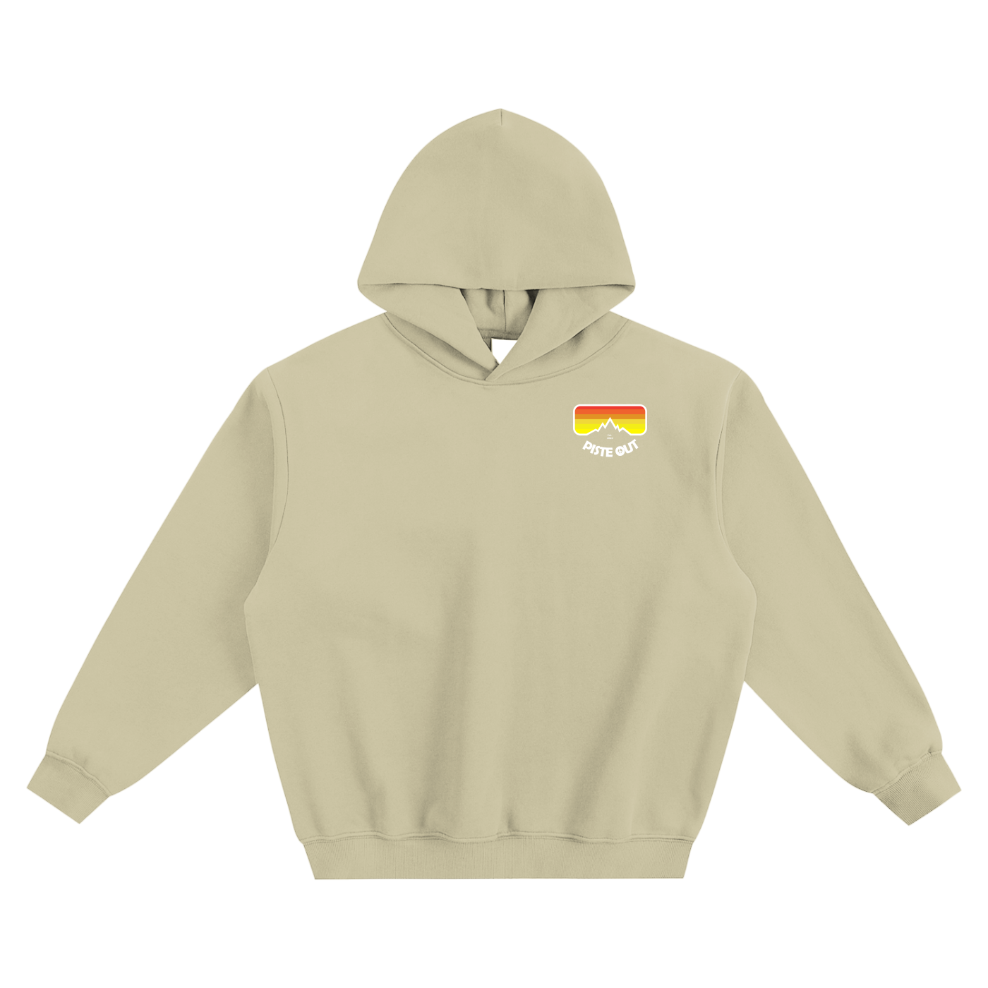 Front view of Gray Green Piste Out Logo Hoodie with retro ski goggle graphic (red–orange–yellow gradient) and white mountain silhouette.