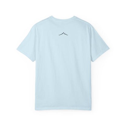 Back of light blue tee, with mountain lines logo centered under neck line