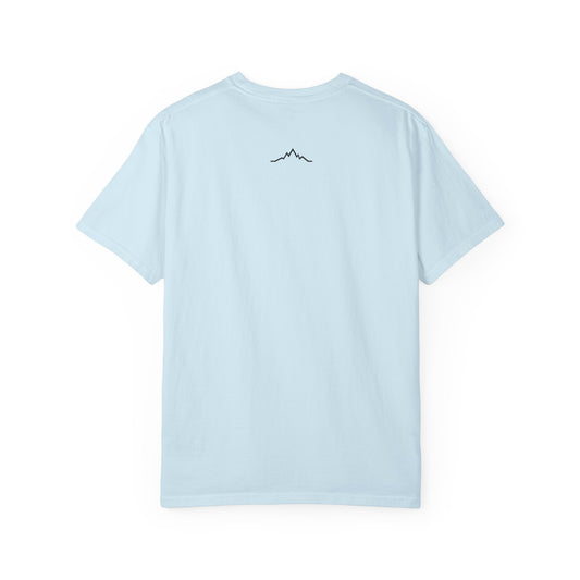 Back of light blue tee, with mountain lines logo centered under neck line